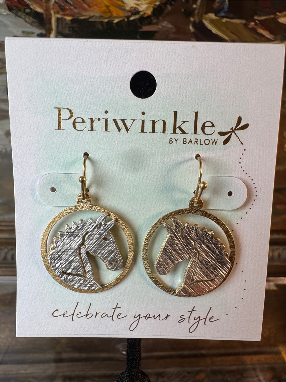 0456-Periwinkle by Barlow Two-Tone Horse Head Circle Drop Earrings gold & Silver